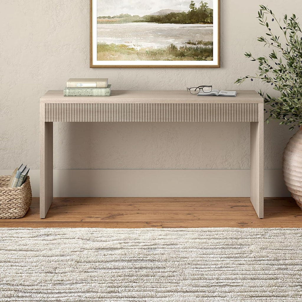 55" Rectangular Fluted Console Table, Ribbed Entryway Table, Sofa Table , Couch, Hallway, or Office, Beech White