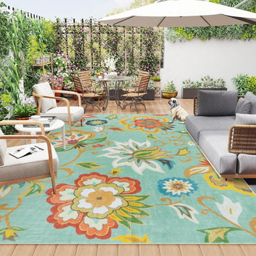 Floral Indoor Outdoor Rug 8x10, Non Slip Outdoor Patio Rug for Camping Picnic, Portable Large Outdoo