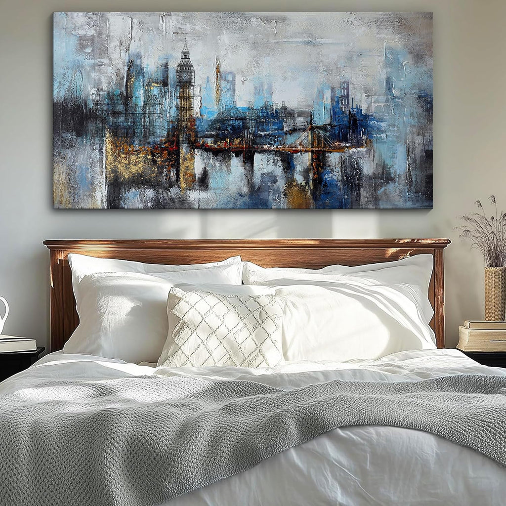 Large Wall Art Abstract City View Canvas Art Modern Home Decor Gray Blue Buildings Prints Wall Art Office Artwork