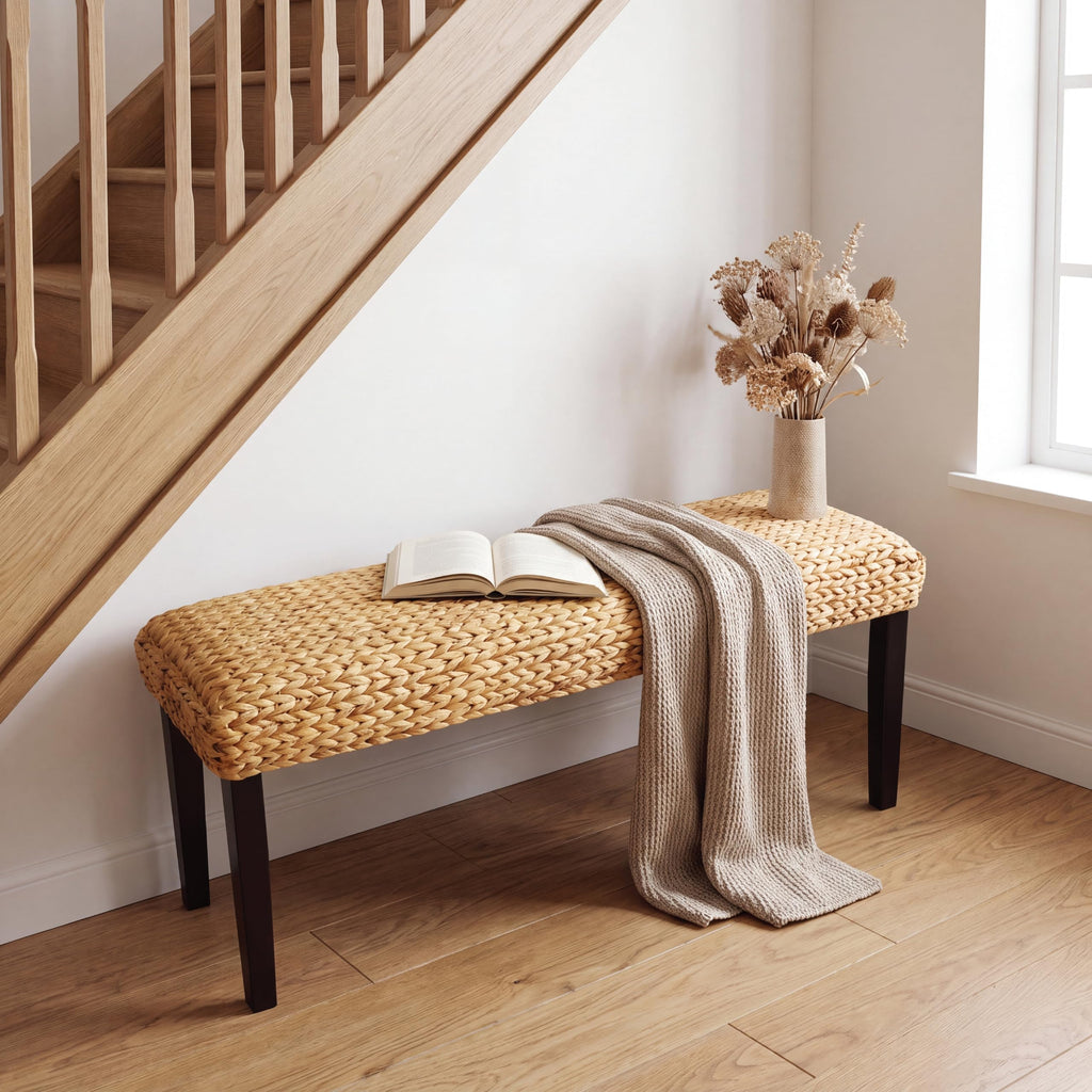 Solid Acacia Wood Entryway Bench with Water Hyacinth Woven Seat, Black Leg