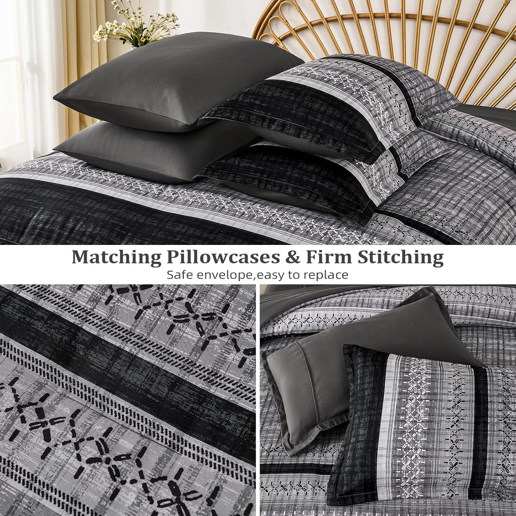 Dintszyayue Black Comforter Set Queen, 8 Pieces Boho Striped Bed in a Bag Soft Microfiber Bedding Set for All Season