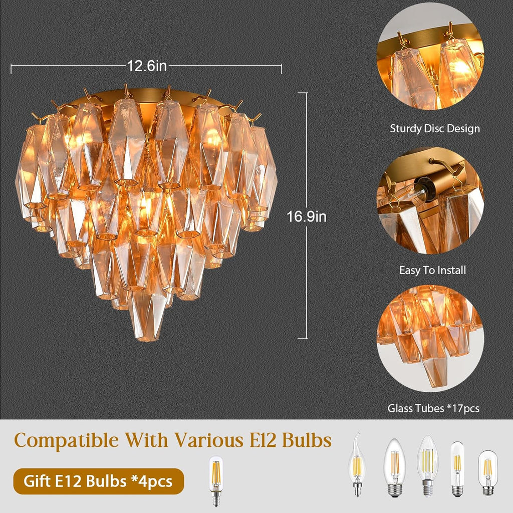 Modern Brass Ceiling Light for Dining Room, Gold Flush Mount Ceiling Lighting for Living Room, 4-Light Round Light Fixtures Chandelier for Bedroom, 17'' Semi Flush Mount Lights for Bathroom, Foyer