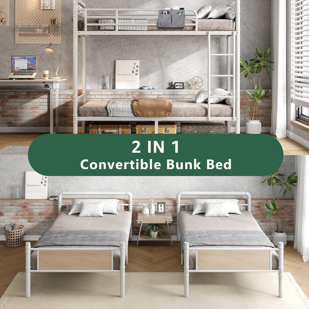Metal Bunk Bed Twin Over Twin, Industrial Bunkbeds Heavy Duty Bed with Safety Guard Rails and Space-Saving Design