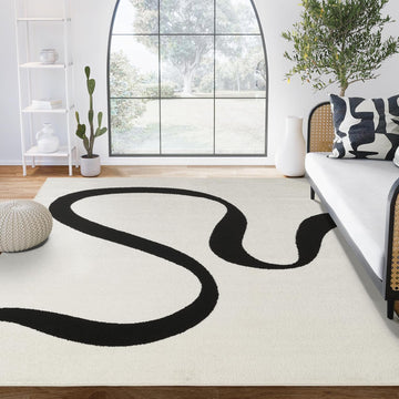 Black and Cream Area Rug | White Abstract Swirl Wave Carpet | Beige/Ivory Geometric Wave Design |