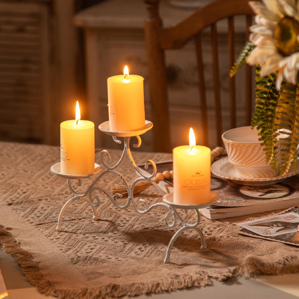 Rustic Fireplace Candelabra Candle Holder, 3 Arm Metal Pillar Candle Holders, Shabby Chic White Candle Holder for