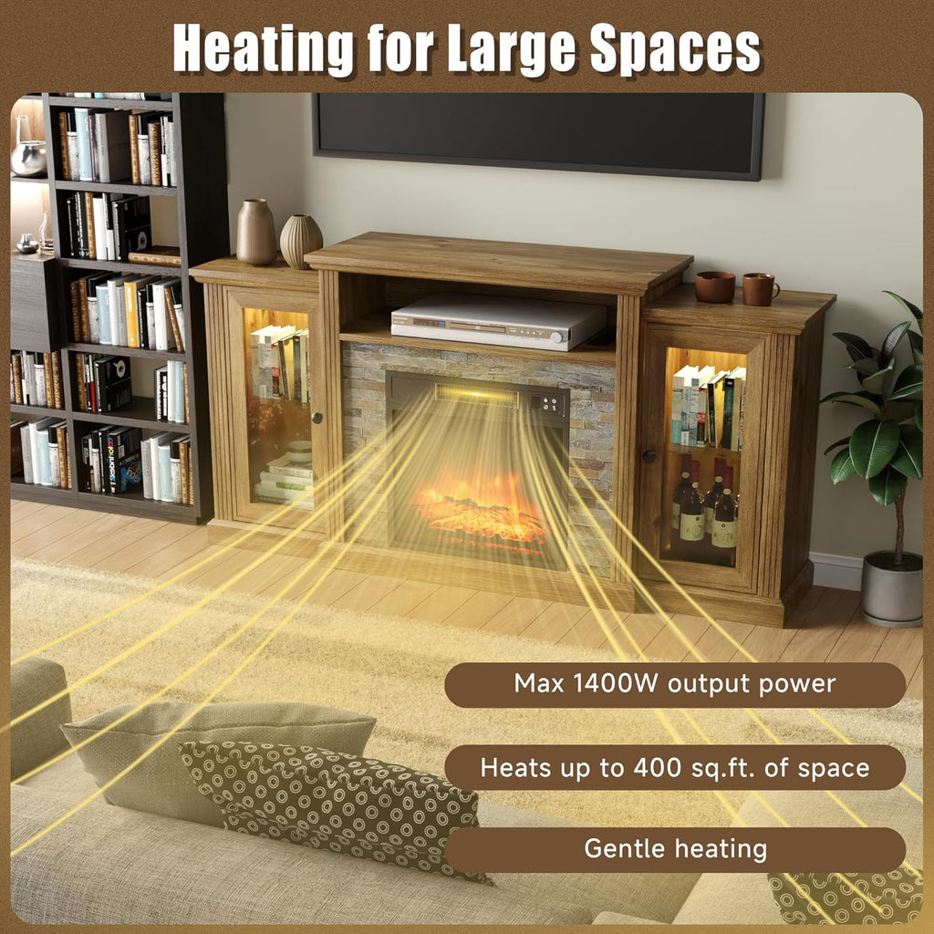 Fireplace TV Stand for 65 Inch TV, Entertainment Center with 18 inch Electric Fireplace & LED Lights,Mordern Media