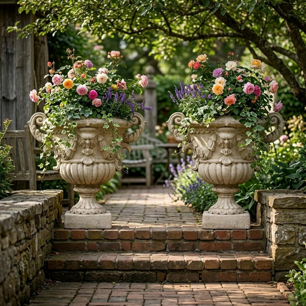 2-Piece 21.65" H Classical Mythological Relief Urn Planter, MGO Pedestal Flower Pot with Ornate Scroll Handles
