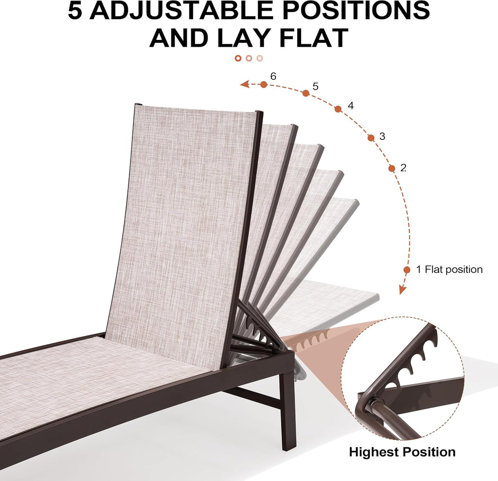 Lounge Chair Outdoor Set of 2, Metal Pool Chaise Lounge Chairs, Adjustable Five-Position Tanning Recliner, All