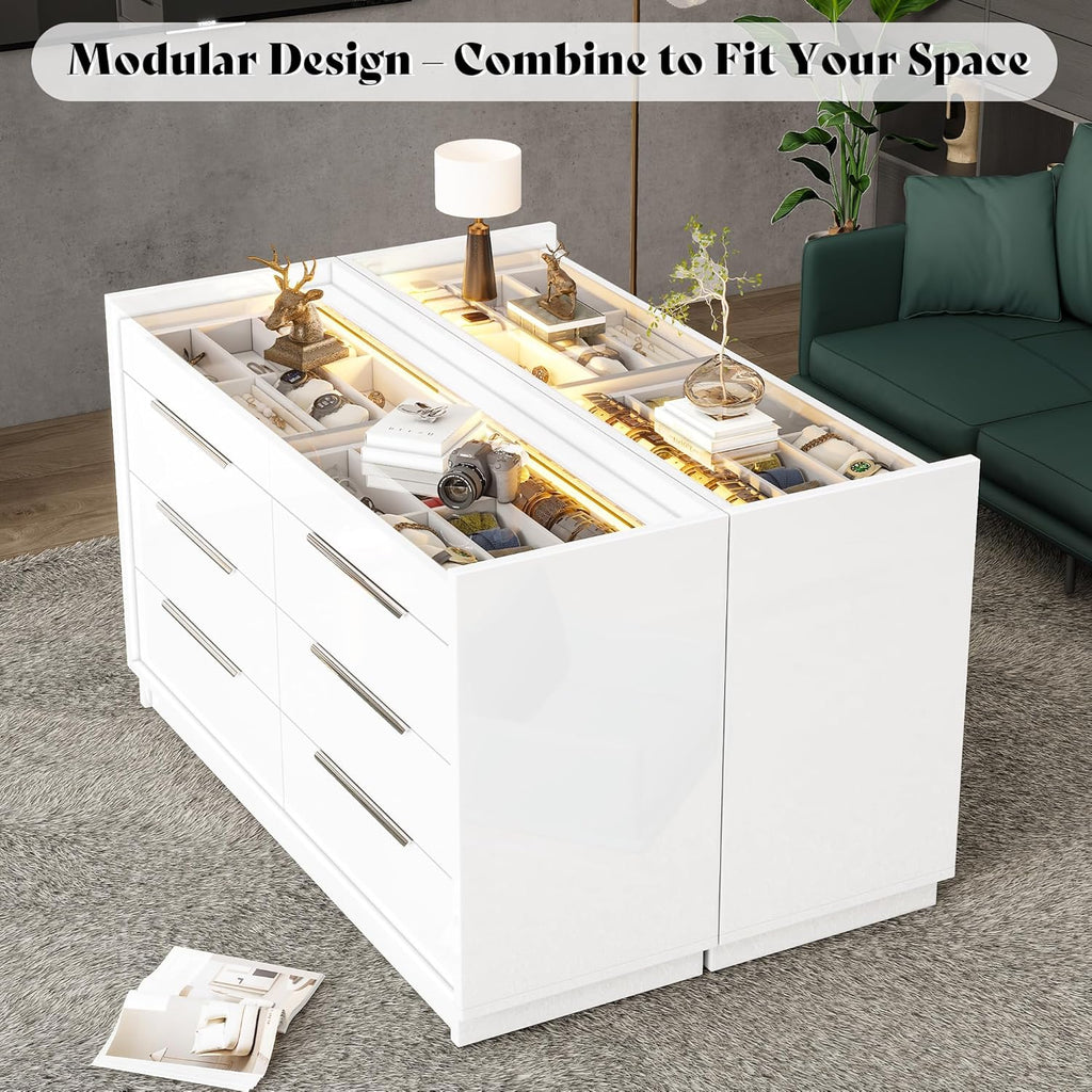 47.2" W 8-Drawer Dresser with Glass Top, High Gloss, White | Wide Dresser, 2 Jewelry Drawers, LED Lighting, Spacious