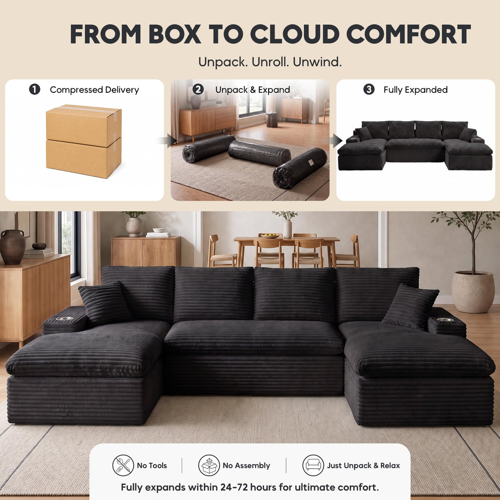 120" Modular U-Shaped Sectional Sofa, Boneless Couch, Black