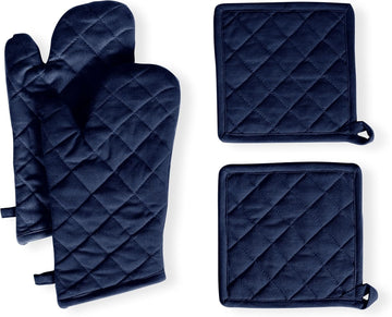 4 Piece Set - 2 Oven Mitts & 2 Potholders, Heat Resistant, 100% Cotton, Quilted Design, Non-Slip Grip, Machine