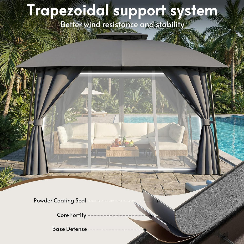 Outdoor Patio Gazebo 10x12 with Solar Powered LED Light
