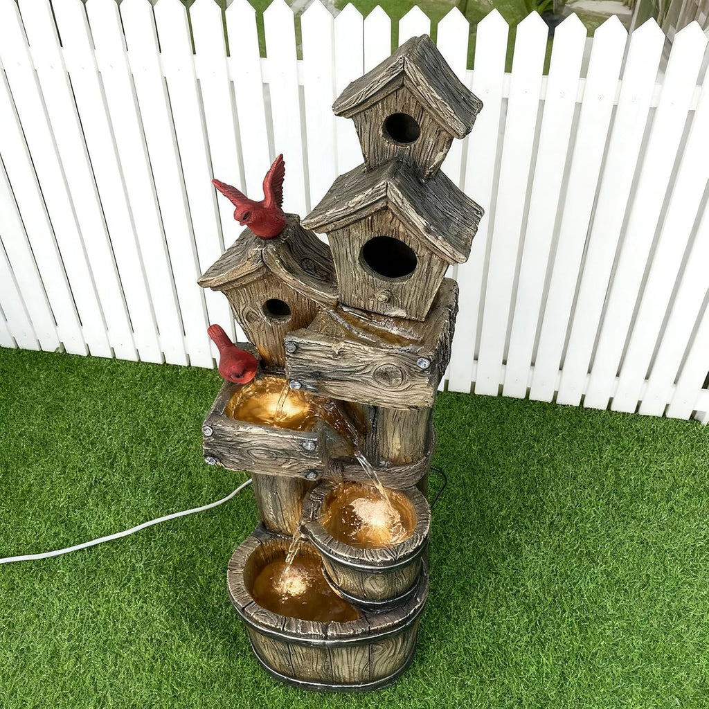 35" Tall Outdoor 4-Tier Birdhouse Floor Standing Water Fountain with LED Lights