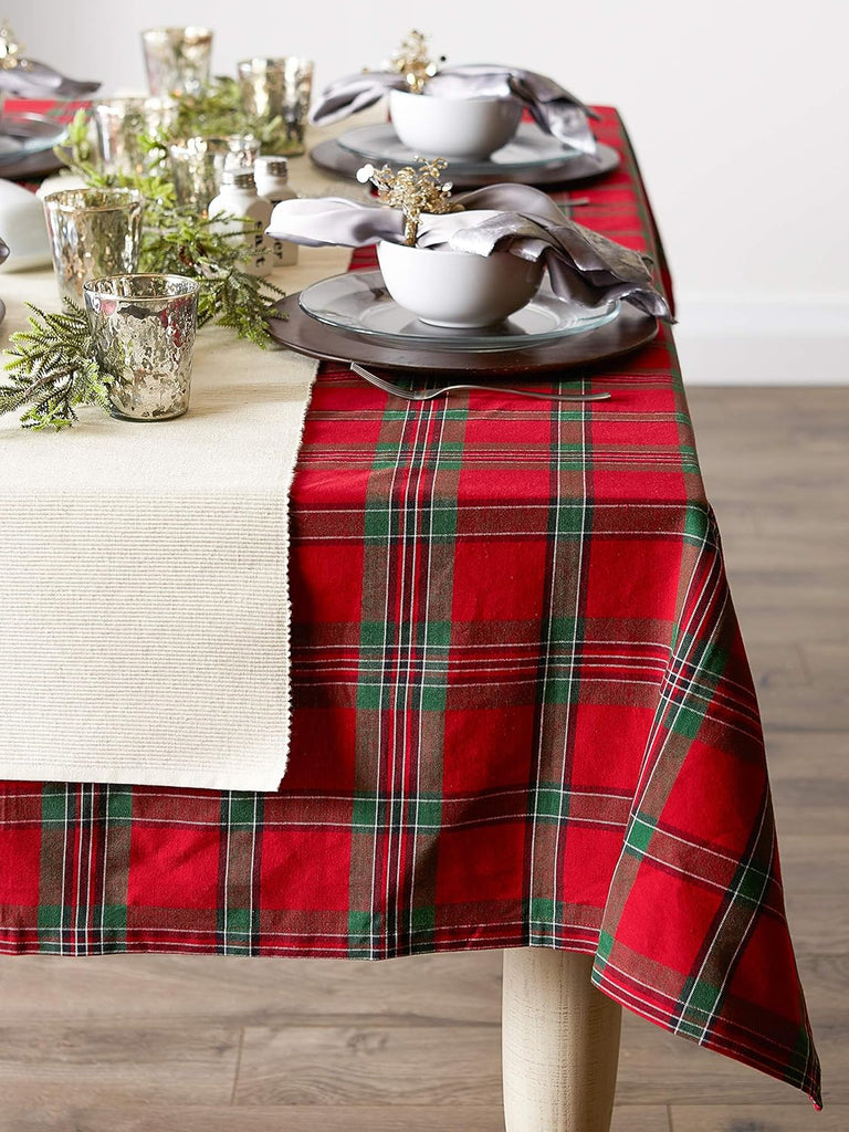 Farmhouse Christmas Plaid Dining Table & Kitchen Décor, Holiday Tablecloth, 70" Round, Red & Green
