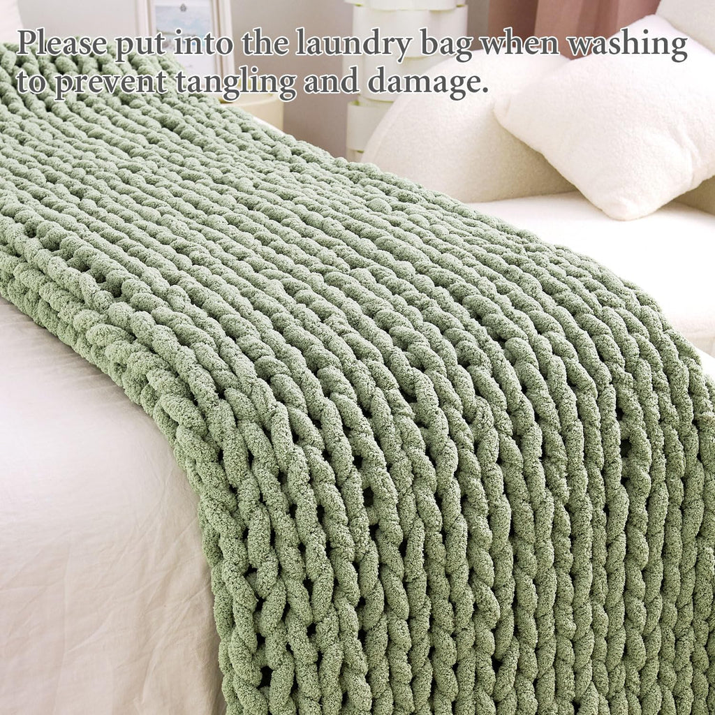 Chunky Knit Blanket Throw, 100% Hand Knit Chenille Throw Blanket, Soft and Cozy Knitted Throw Blankets (Sage