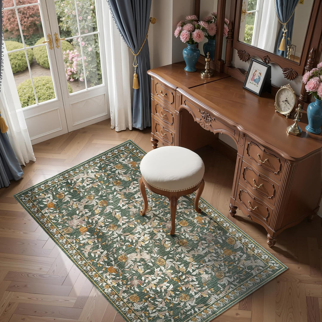 Eden Floral Washable Area Rug 3x5 Entryway Rug Vintage Lightweight Soft Non-Slip Indoor Low Pile Dis