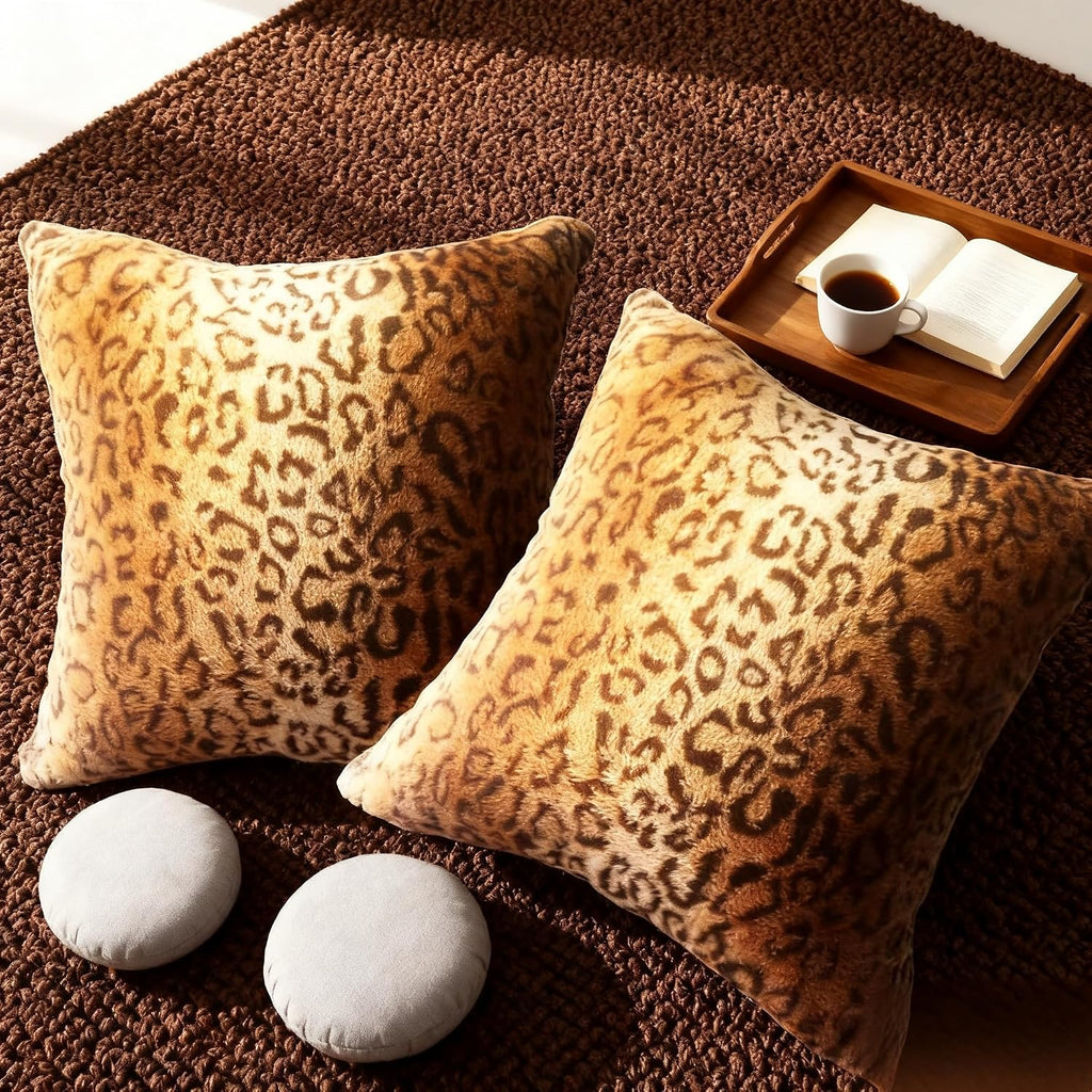 Faux Fur Throw Pillows, Set of 2 Decorative Square Couch Pillow Covers, Leopard Cheetah Print Luxury Soft Plush