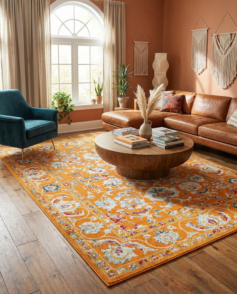 Aurelia Rug - 10' x 13' Orange Easy-Clean Area Rug - Vintage Traditional Medallion Design