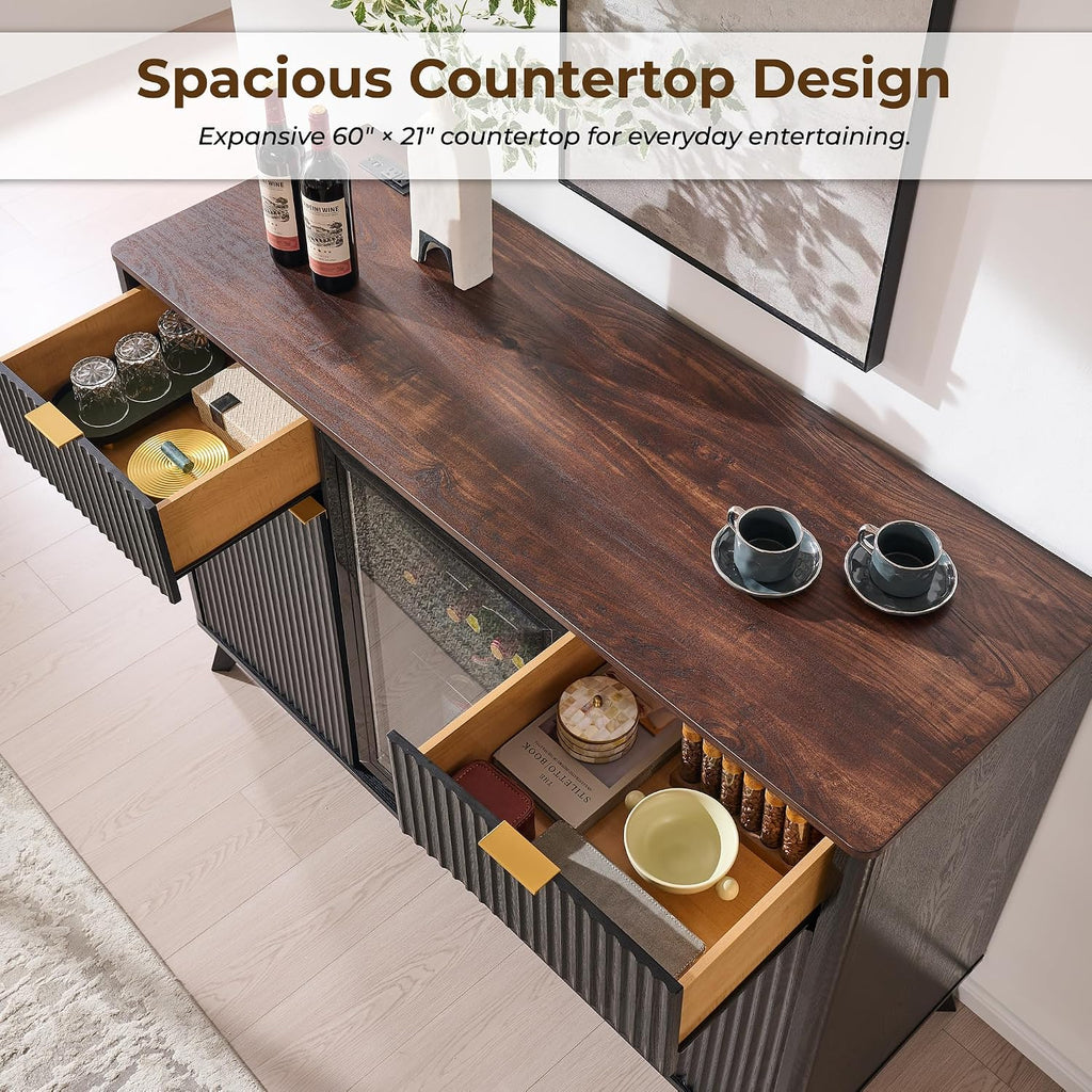 60" Fluted Coffee Bar Cabinet with Mini Fridge Space, Black and Walnut | Mini Fridge Compatible, Built In Charging