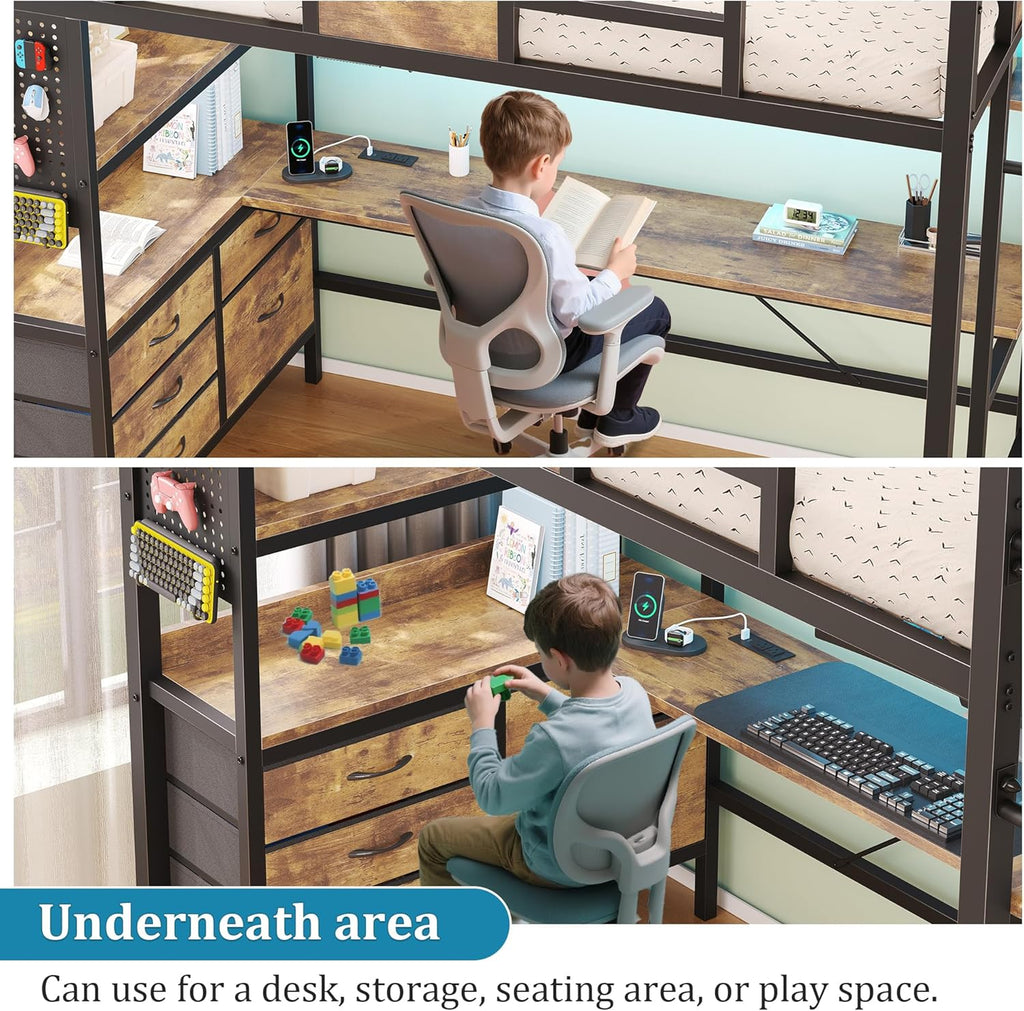 Loft Bed with Desk,Twin Loft bed with 5 Storage Drawers & 2 open Shelves & LED Light and Charging Station,Loft Bed