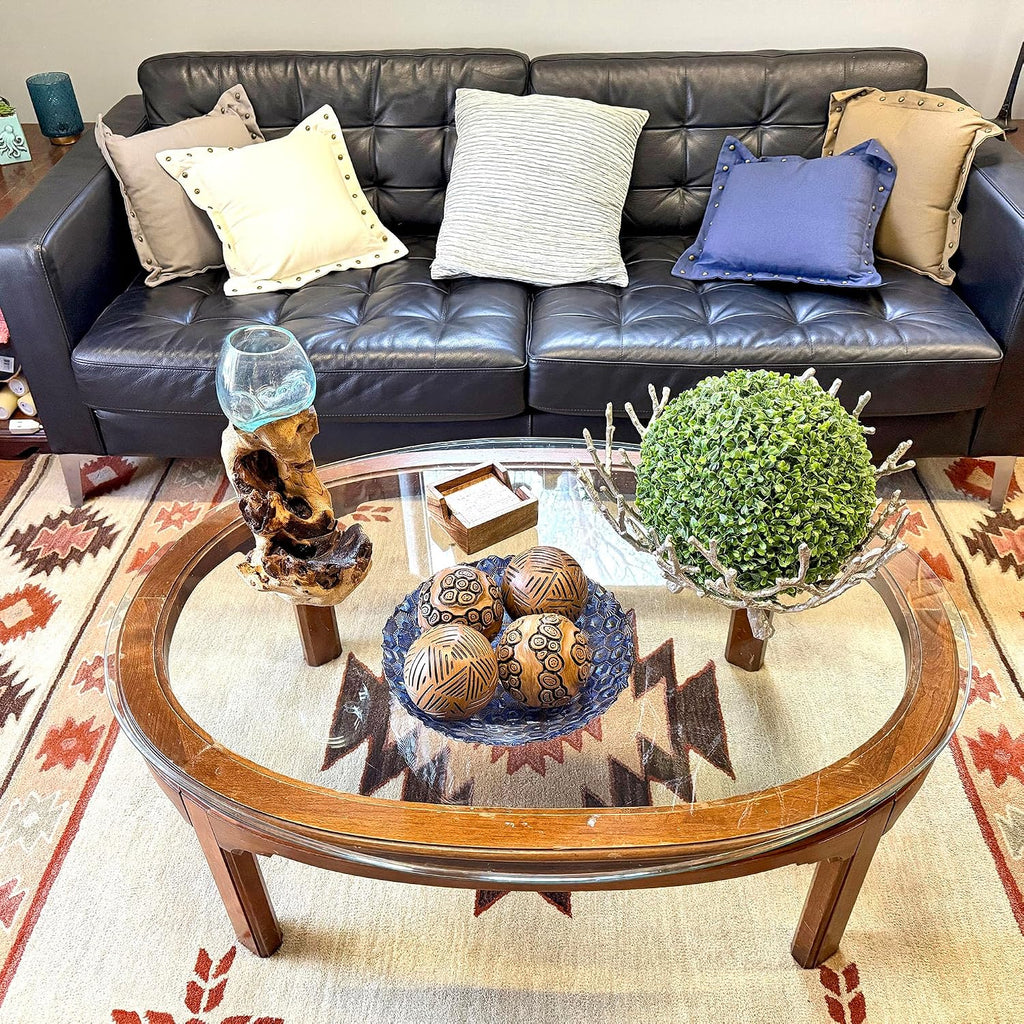 Decorative Orbs Set of 4 Brown Resin Carved Spheres, 4 Inch | Distressed Painted Finish, Tribal-Inspired Lines and
