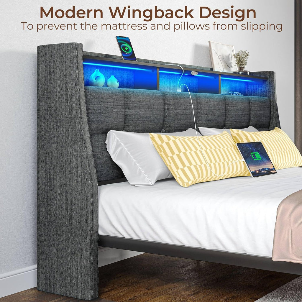 Full Bed Frame with LED Lights and Charging Station, Upholstered Headboard with 2-Tier Storage Shelves