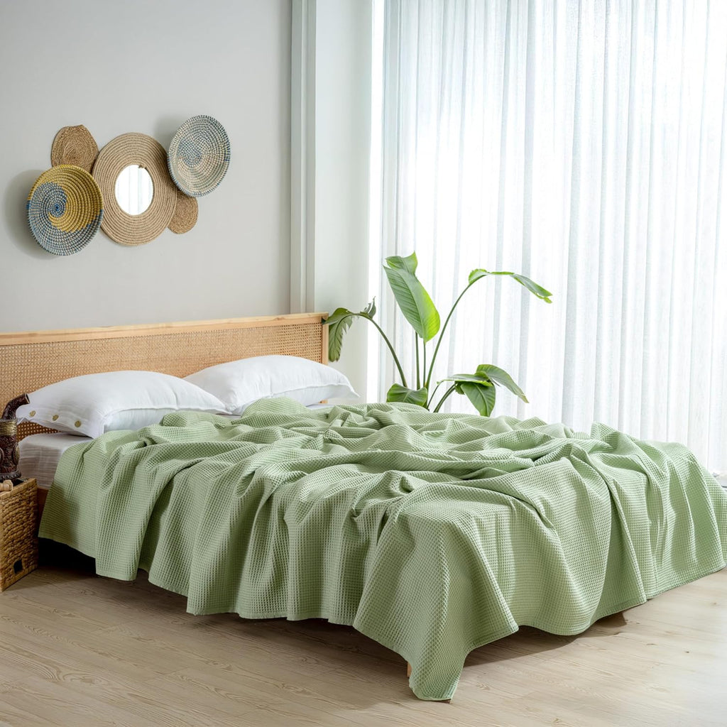 100% Turkish Cotton Waffle Blanket Queen - Cozy, Airy, Lightweight Summer Throw Blankets - Made in Turkiye, (Mint