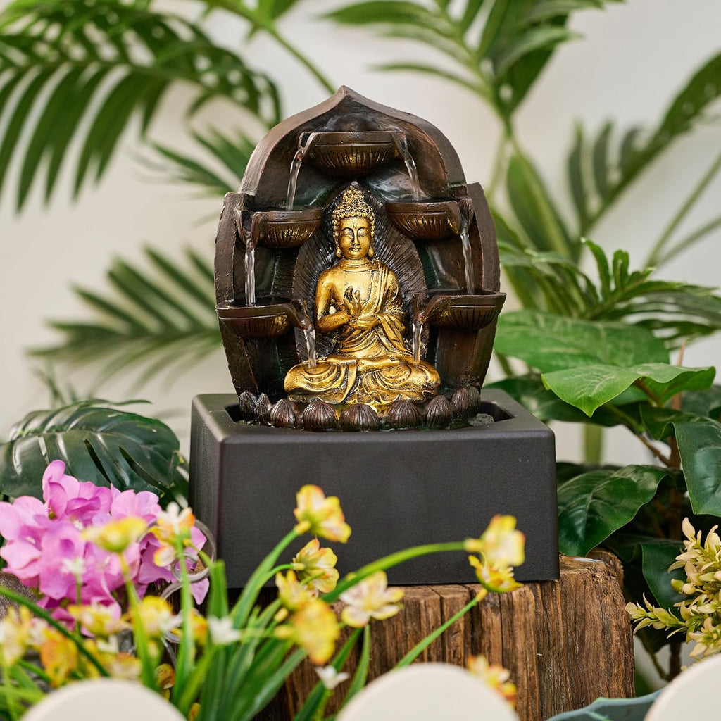 Tabletop Water Fountain Indoor Decor, Gold Buddha Statue with LED Light and Pump, Waterfall Fountain Indoor Zen Home