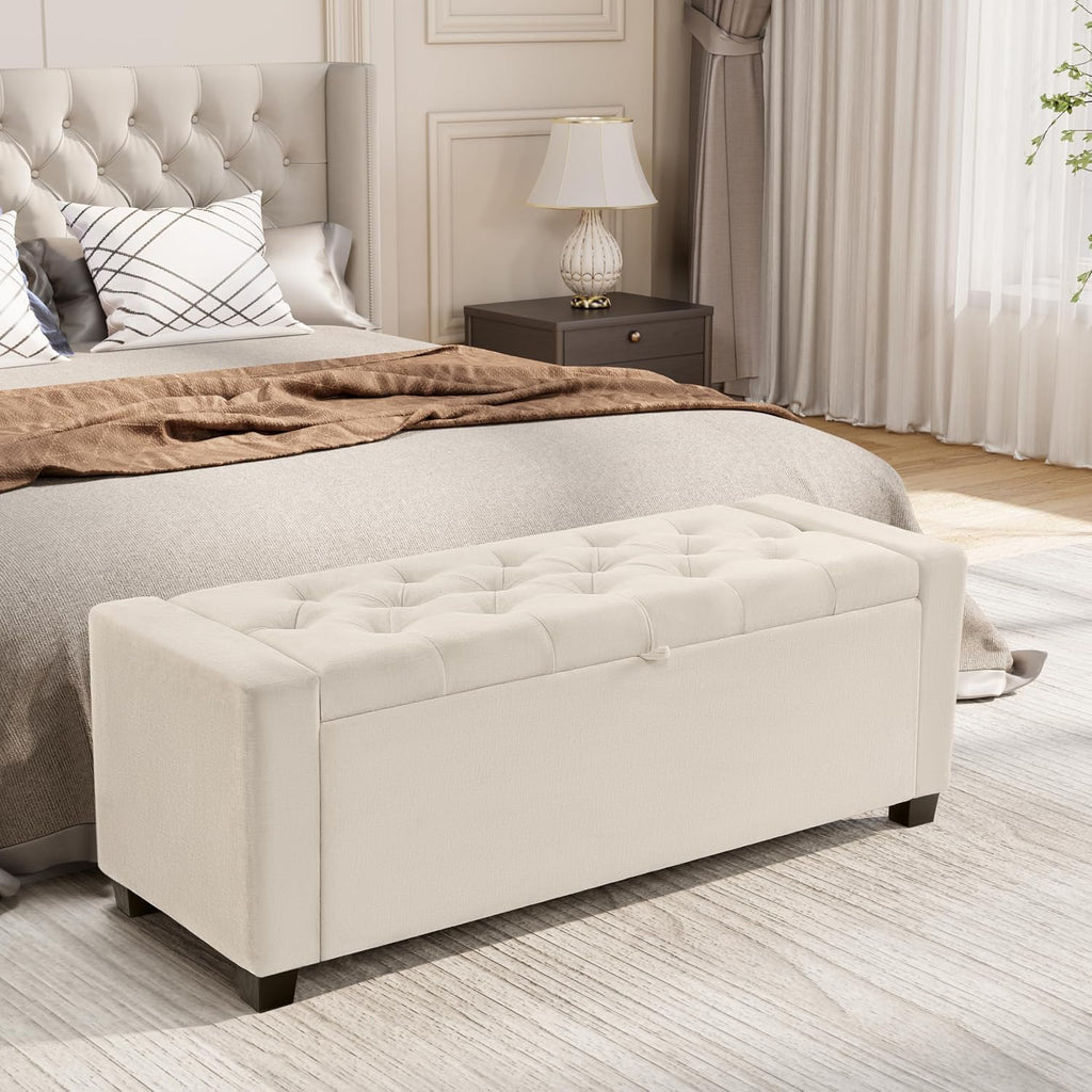 Ottoman with Storage,Tufted Storage Bench with Safety Hinge,Holds up to 350 lb,Upholstered Bench with Seating ,Linen