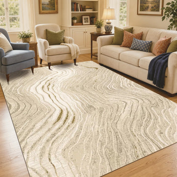Flowing Gilded Veins 5x7 ft Cream Gold Area Rug Bedroom