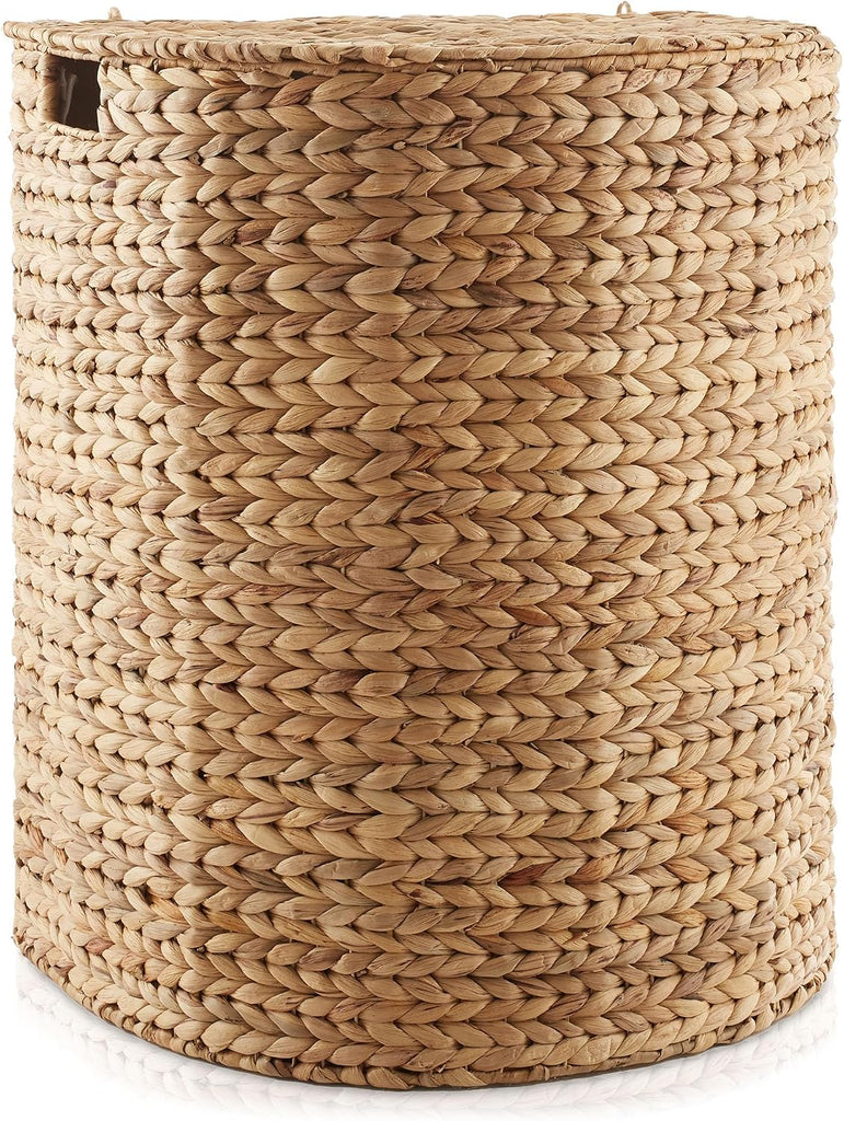 Half Moon Laundry Hamper with Lid and Removable Liner Bag - Natural, Woven Water Hyacinth Laundry Basket for Clothes