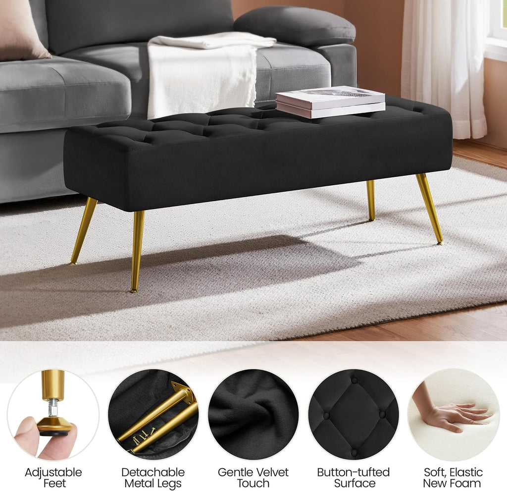45in Velvet Ottoman Bench End of Bed, Black | Tufted Upholstered Bench Seat, Bed Bench with Tapered Gold Metal Legs