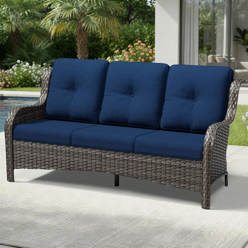 Outdoor Patio Couch, 3 Seater Outdoor Wicker Sofa with High Back, Deep Seating, Wide Armrest, Thickened Cushions