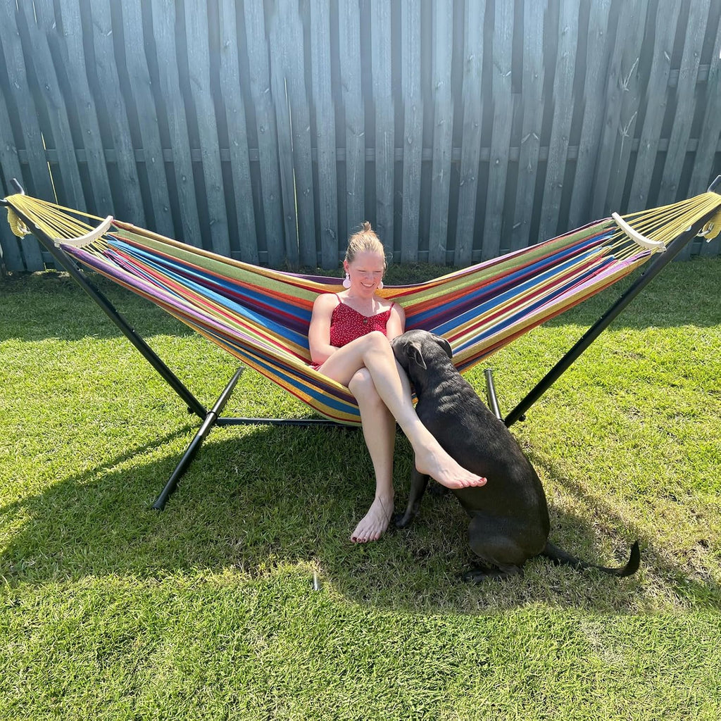 Hammock with Stand for Outside | 450lb Capacity Steel Stand, Premium Carry Bag Included and Two Anti Roll Balance Beam