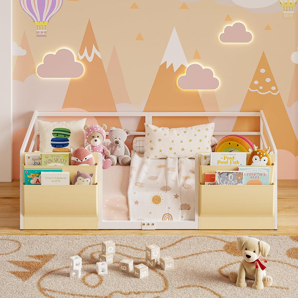 Floor Bed for Kids, White | Safety Guardrails, Montessori Bed Frame, Bedside Caddy, Suitable