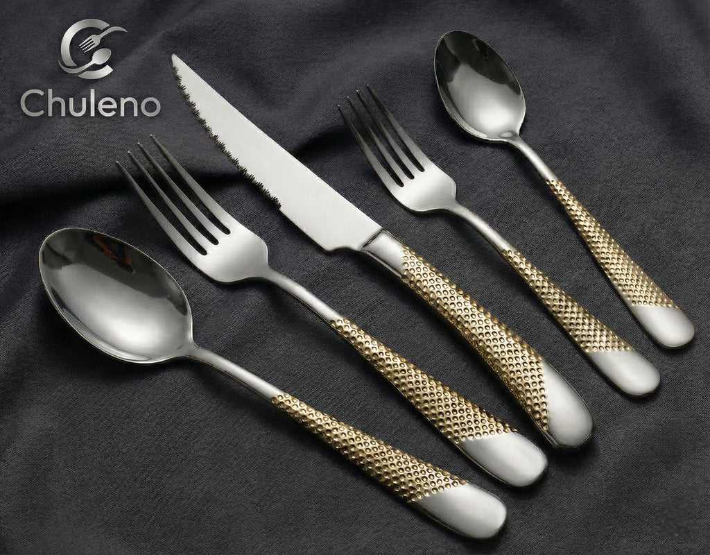 20-Piece Modern Silver Gold Hammered Silverware Set with Ultra Sharp Serrated Knives, 18/10 Stainless Steel