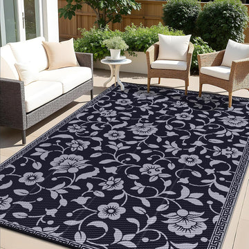 Outdoor Rug Waterproof Reversible Floral Mat, Black & Grey