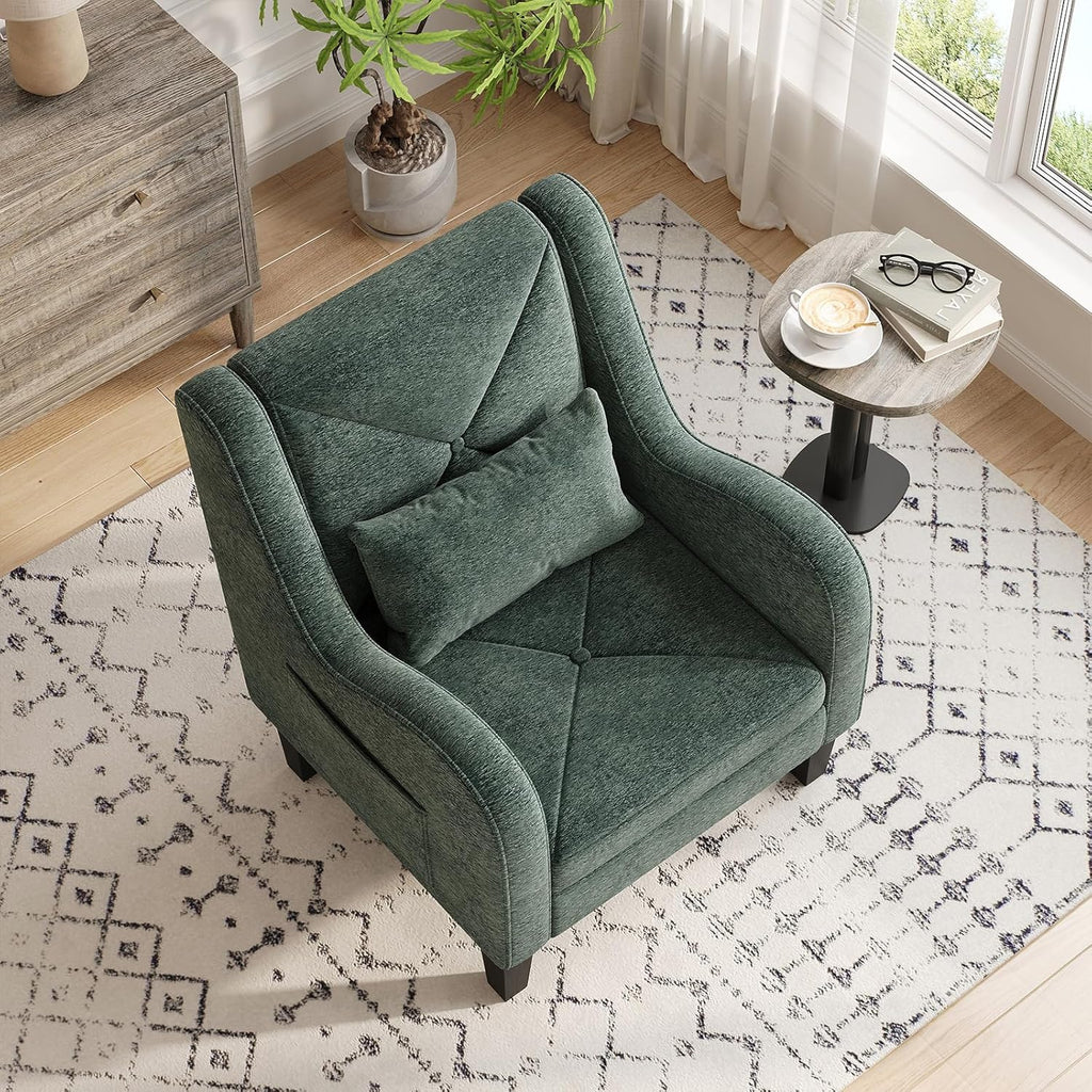 Chenille Accent Chair Bedroom Chair Comfy Reading Chair Upholstered Arm Chair, Single Sofa Chair with Lumbar Pillow