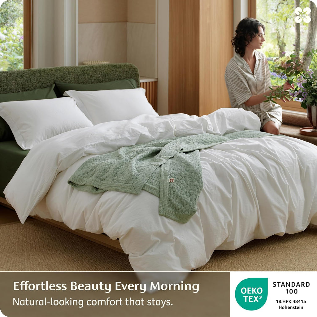 100% Washed Cotton Duvet Cover - Natural White Minimalist Bedding Set Linen Like - PureWoven Plain Simple