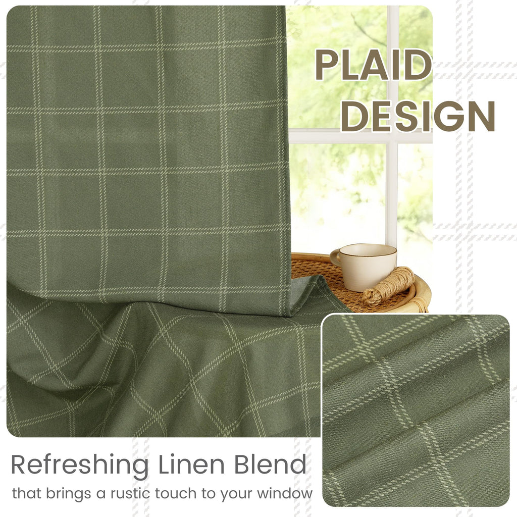 Moss Green Linen Plaid Curtains 96 inches Long