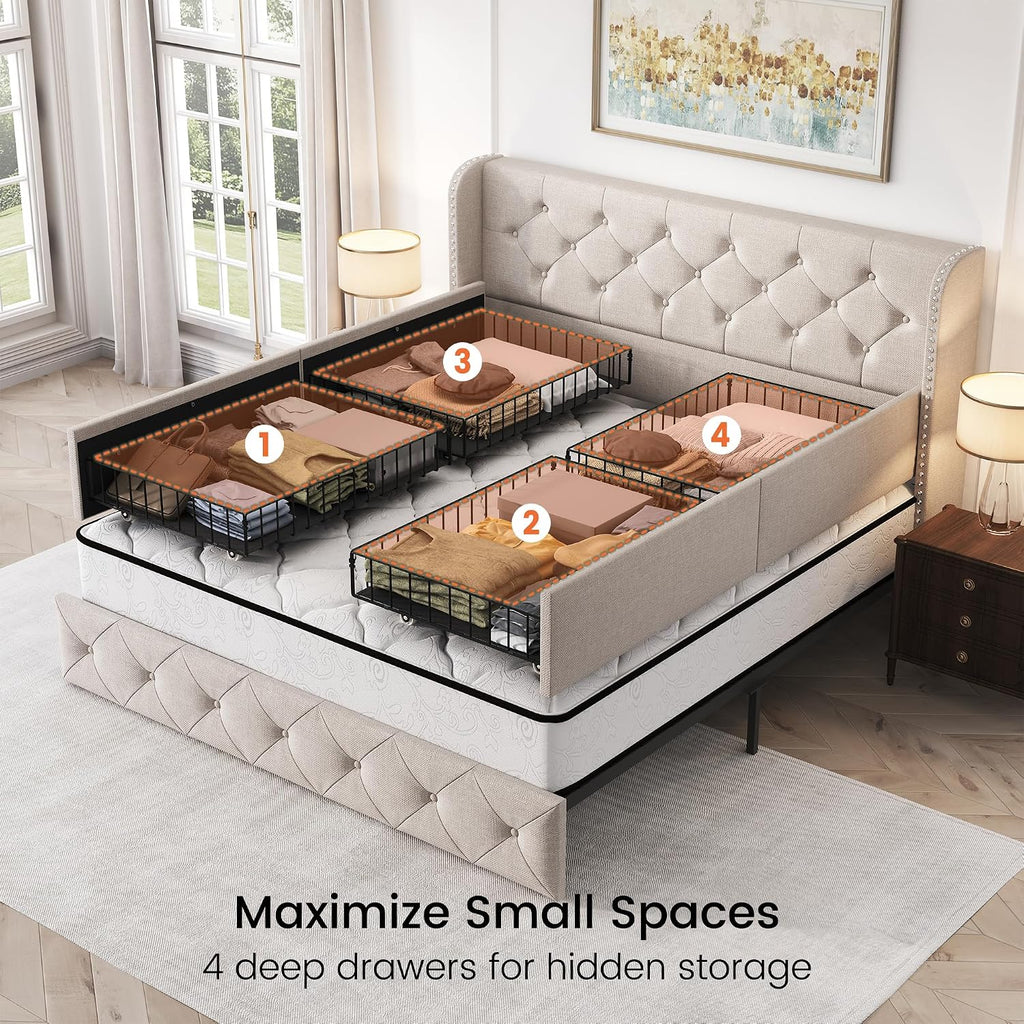 Queen Bed Frame with 4 Storage Drawers and 47.2" Tall Tufted Headboard Linen Upholstered Platform Bed Frame Wingback