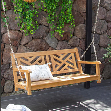 Maine Teak Porch Swing - Solid Wood Hanging Outdoor 2-Seater Swing Bench for Porch, Weather-Resistant & Durable