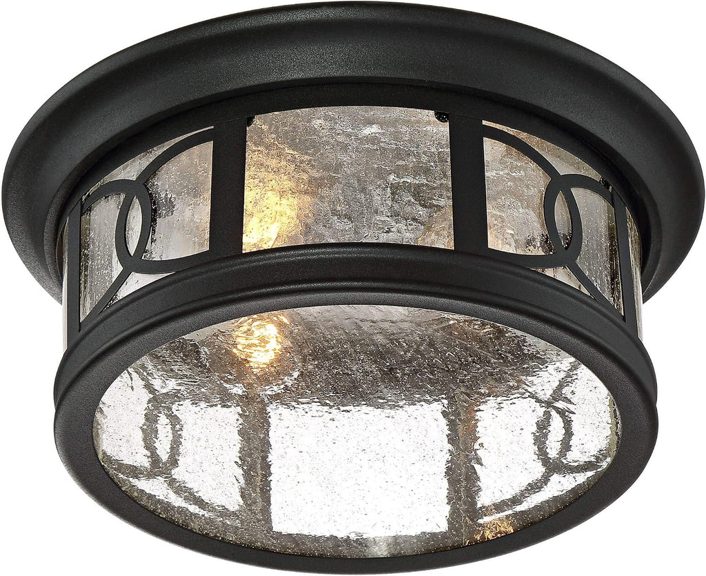 Capistrano Mission Flush-Mount Outdoor Ceiling Light Fixture Black 12" Seedy Glass Damp Rated for Exterior House