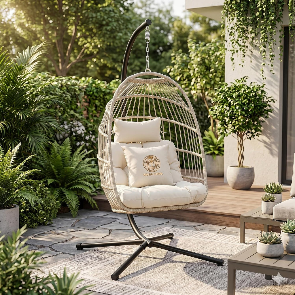 Foldable Hanging Egg Chair with Stand and Pillow, HDPE Rattan and Heavy Duty Aluminum-Steel Frame, Outdoor Patio