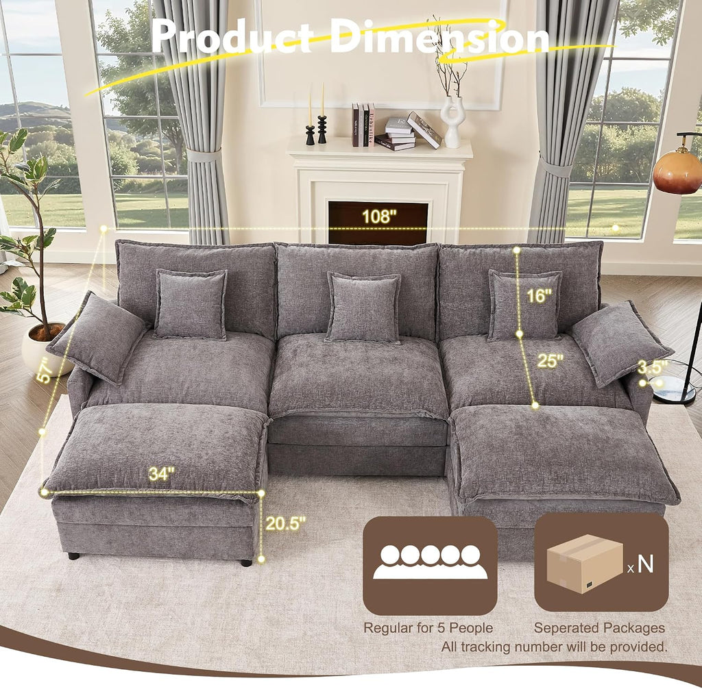 108" U-Shaped Modular Cloud Couch, Deep Seat, Chenille Slate | Cloud Comfort, Couches , Removable & Machine-Washable