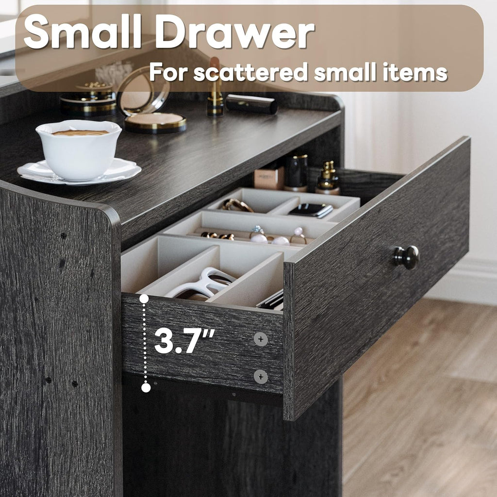Small Vanity Desk with Mirror Lights and Storage Stool | Charcoal grey compact vanity with 3 light modes, charging