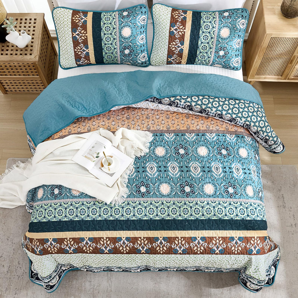 Blue Boho Quilt Set, Fall Patchwork Bedspreads