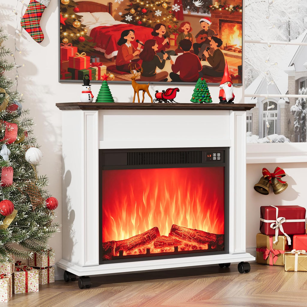 Farmhouse Electric Fireplace TV Stand with Mantel, White Entertainment Center with 23 Inch Fireplace Heater and Rolling Base for Living Room or Bedroom