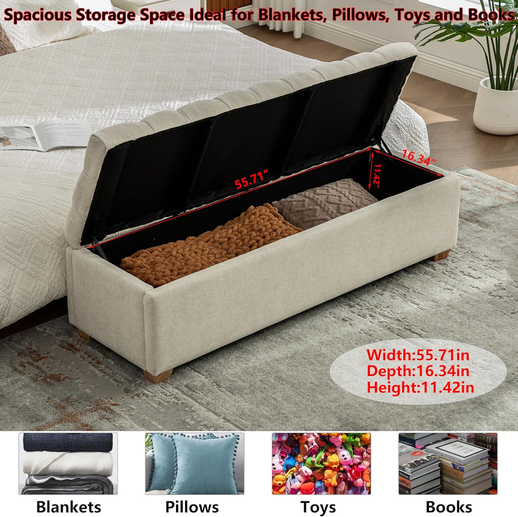 60.2" Storage Ottoman Bench Bed End,Beige Chenille Bench with Seating,Button Tufted Ottomans with Storage