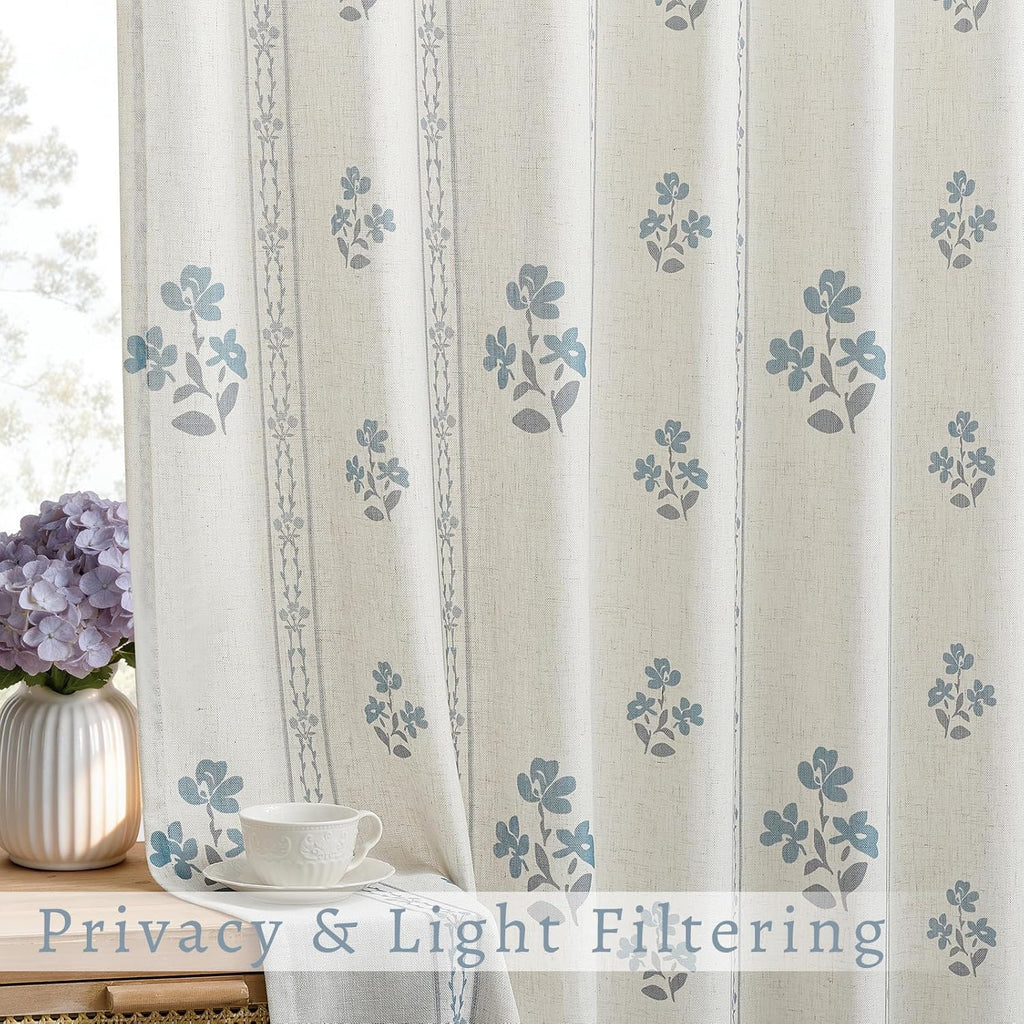 Blue Grey Pinch Pleated Floral Curtains for Living Dining Room Pinch Pleat Light Filtering Linen Semi